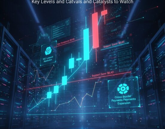 A holographic display featuring a candlestick chart for XRP with key resistance and support levels, alongside icons for SEC lawsuit resolution and cross-border payments expansion, all set within a data center.