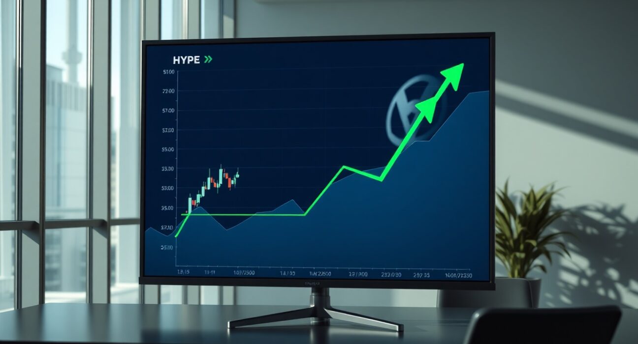 Digital screen showing HYPE token price chart in a modern office