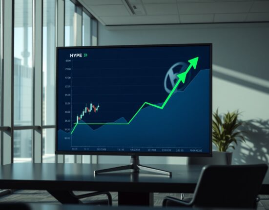 Digital screen showing HYPE token price chart in a modern office
