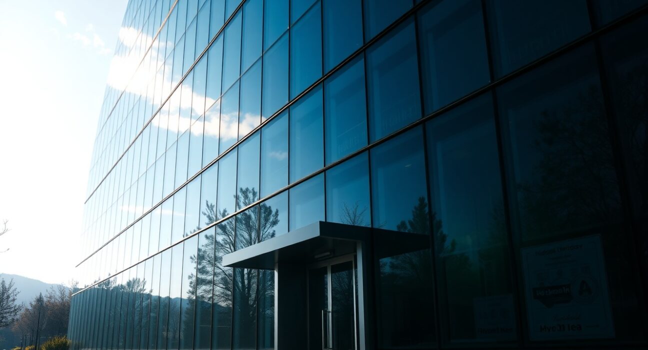 Modern Silicon Valley office building representing venture capital firm a16z with subtle blockchain visuals