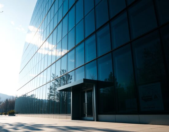 Modern Silicon Valley office building representing venture capital firm a16z with subtle blockchain visuals