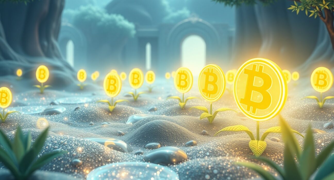 Conceptual illustration of Bitcoin staking protocol securing the blockchain network.