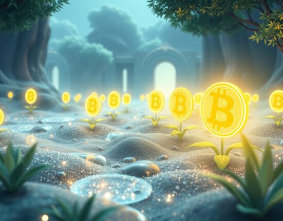 Conceptual illustration of Bitcoin staking protocol securing the blockchain network.