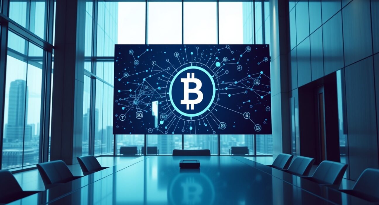 Digital display showing blockchain network nodes and USDC symbol in a modern financial district office
