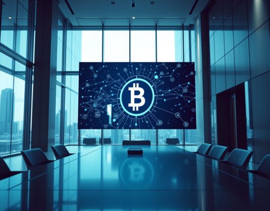 Digital display showing blockchain network nodes and USDC symbol in a modern financial district office