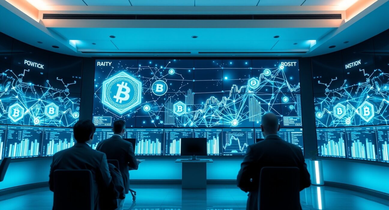 Modern trading floor with blockchain network diagrams on large digital screens