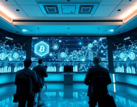 Modern trading floor with blockchain network diagrams on large digital screens