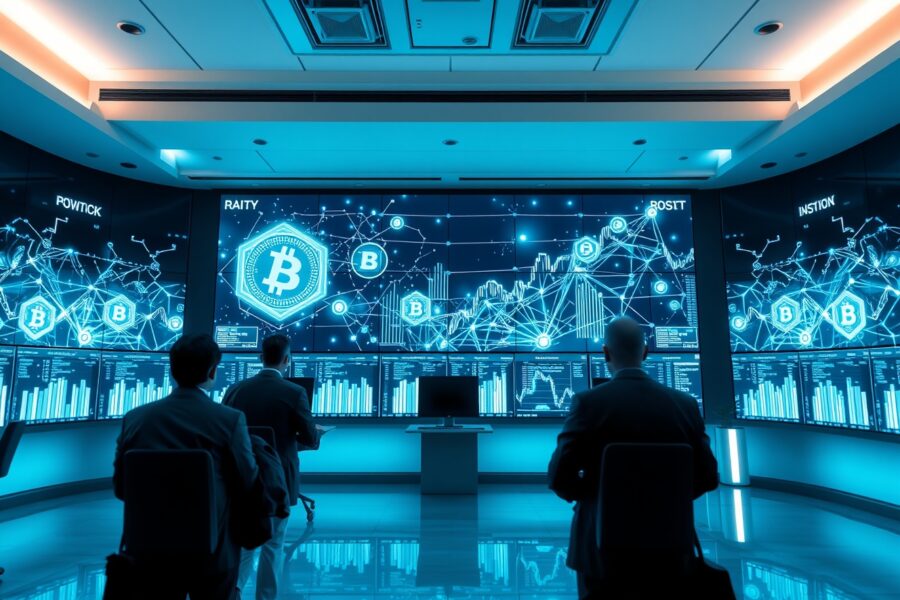 Modern trading floor with blockchain network diagrams on large digital screens