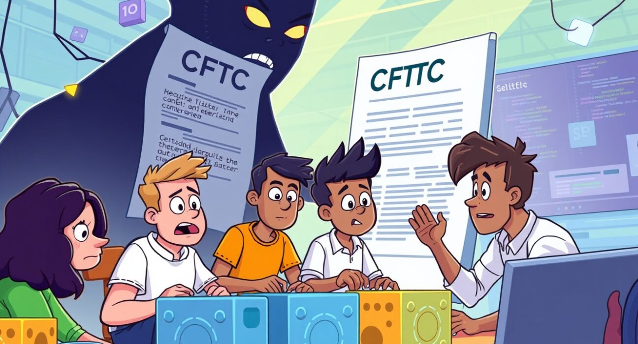 Cartoon developers building with blockchain blocks while looking at CFTC regulations to protect blockchain developers.