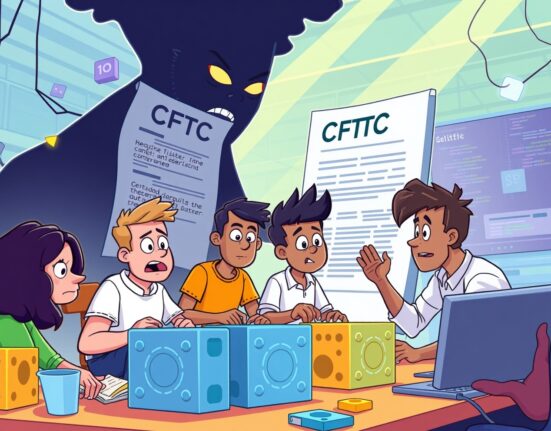 Cartoon developers building with blockchain blocks while looking at CFTC regulations to protect blockchain developers.
