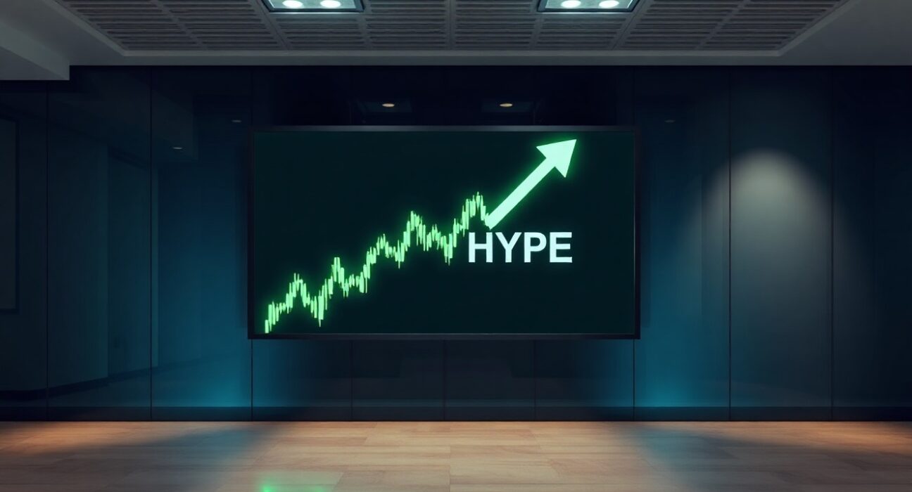 Digital display showing HYPE token price chart in a modern office setting