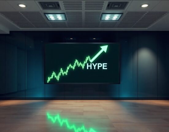 Digital display showing HYPE token price chart in a modern office setting