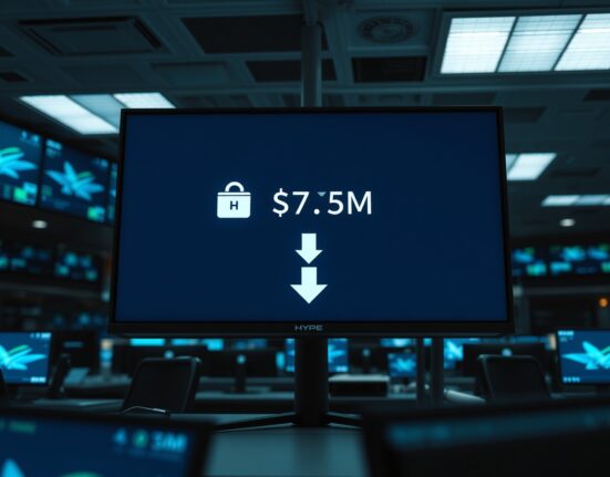 A cryptocurrency trading monitor displaying a withdrawal of $7.3 million in HYPE tokens from an exchange.