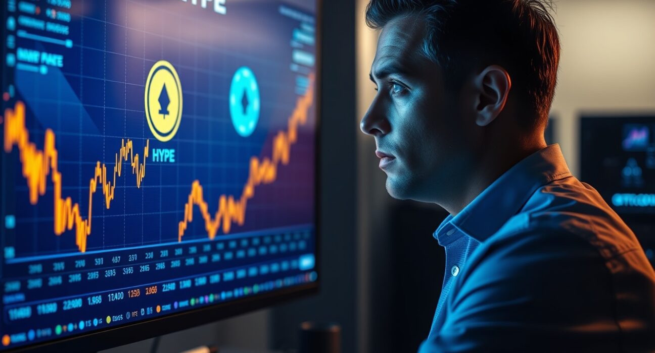 Analyst monitoring a blockchain screen showing HYPE token transaction and price chart.