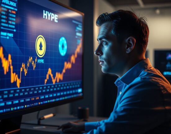 Analyst monitoring a blockchain screen showing HYPE token transaction and price chart.