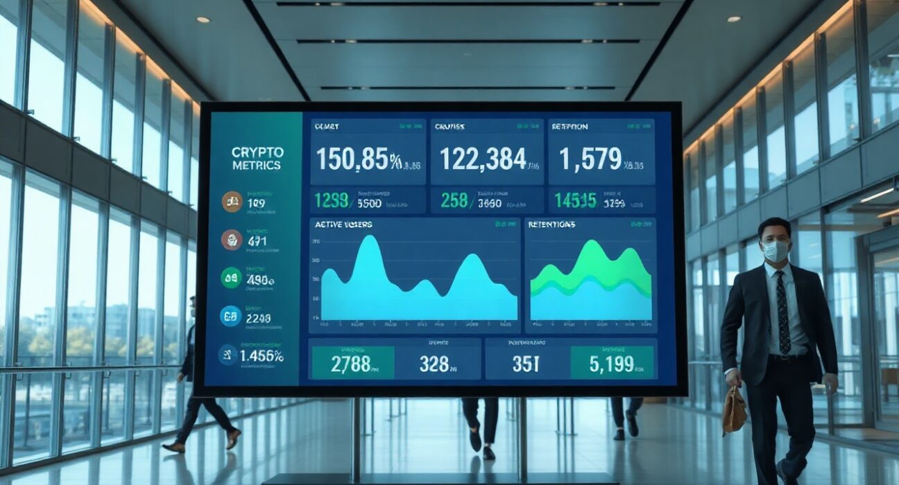 Digital dashboard showing crypto on-chain metrics in a modern office lobby
