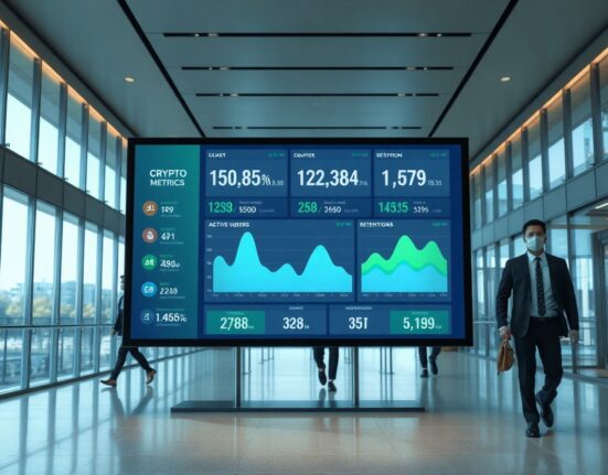 Digital dashboard showing crypto on-chain metrics in a modern office lobby