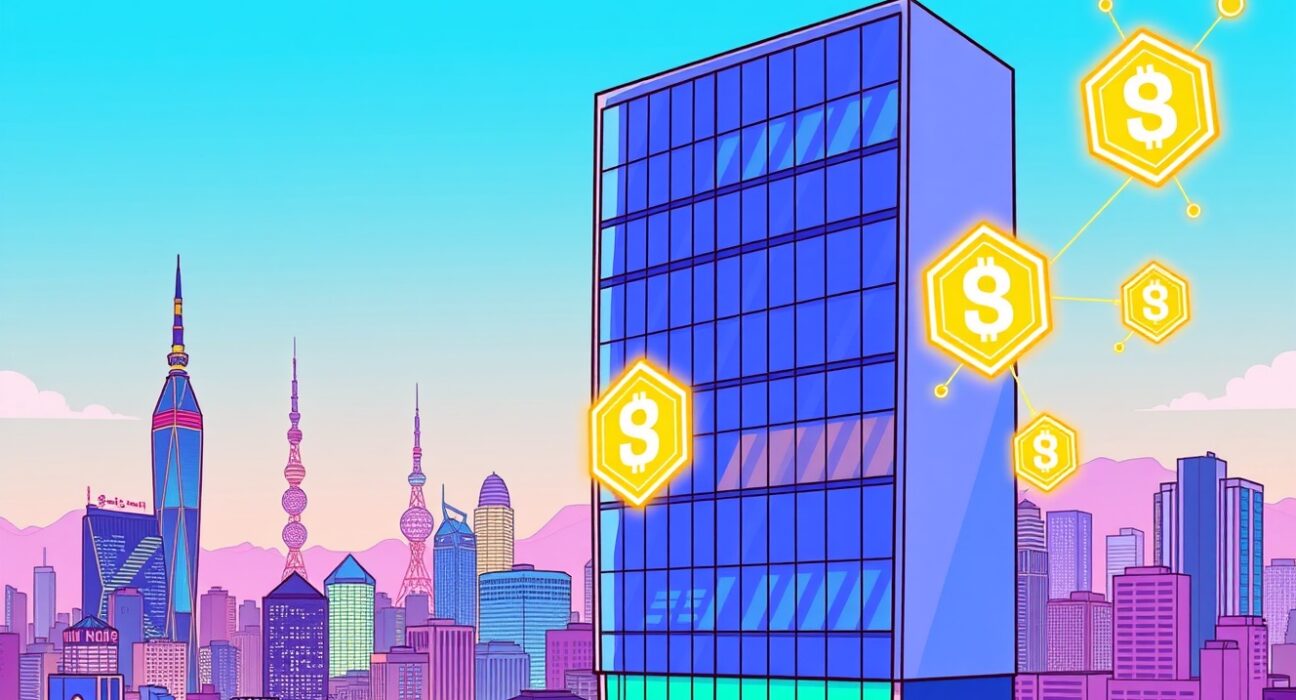 A vibrant cartoon illustration of a16z Crypto's new Seoul office, symbolizing their strategic expansion into the Asian market.