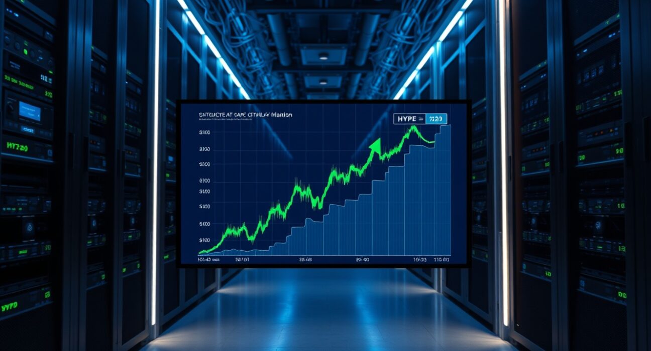 Server room with a screen displaying a HYPE cryptocurrency trading chart and green price arrows.