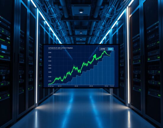 Server room with a screen displaying a HYPE cryptocurrency trading chart and green price arrows.