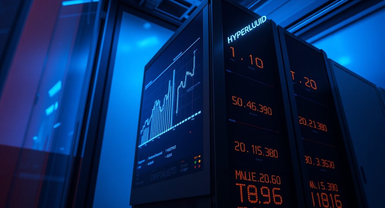 Modern data center with digital display showing cryptocurrency market data and Hyperliquid branding.