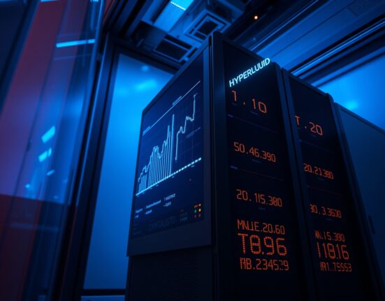 Modern data center with digital display showing cryptocurrency market data and Hyperliquid branding.