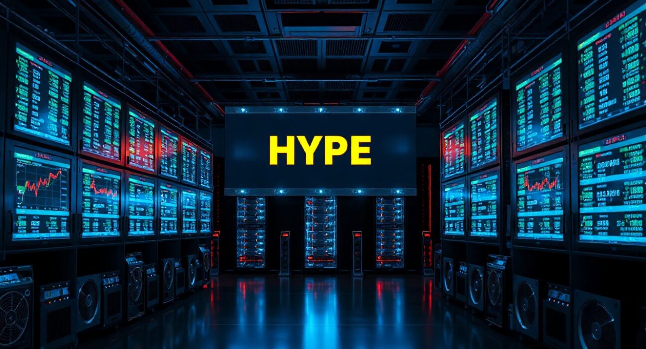 A view of a cryptocurrency trading screen showing HYPE token data in a data center.