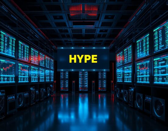 A view of a cryptocurrency trading screen showing HYPE token data in a data center.
