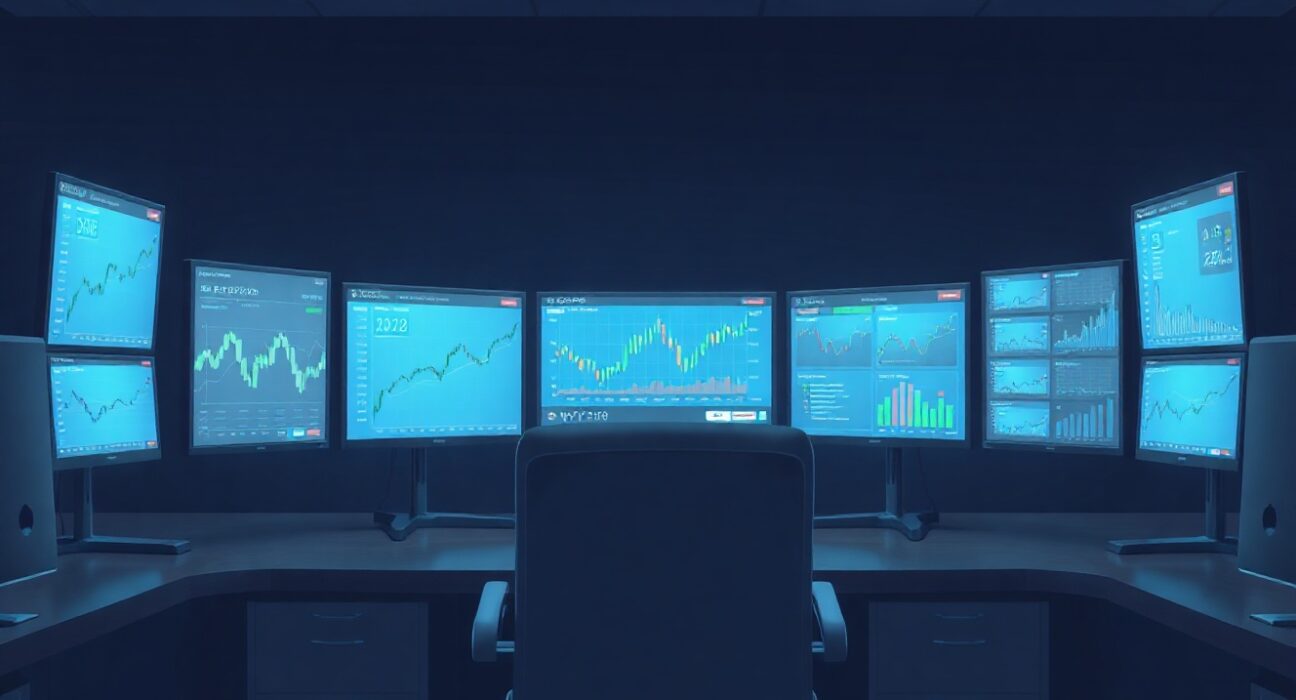 Institutional cryptocurrency trading monitors showing Hyperliquid HYPE token charts and on-chain analytics