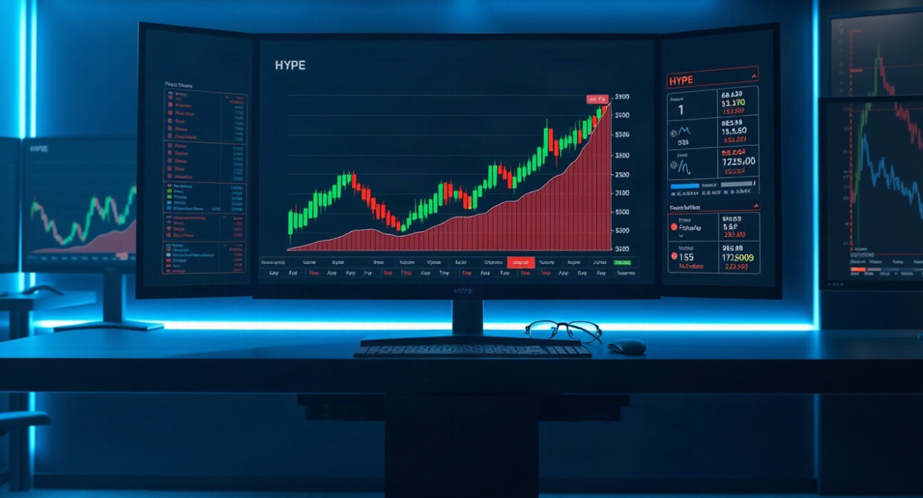 Cryptocurrency trading monitors displaying HYPE token charts on a professional trading desk.