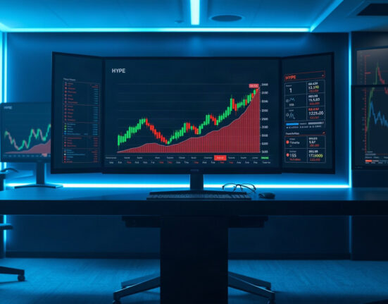 Cryptocurrency trading monitors displaying HYPE token charts on a professional trading desk.