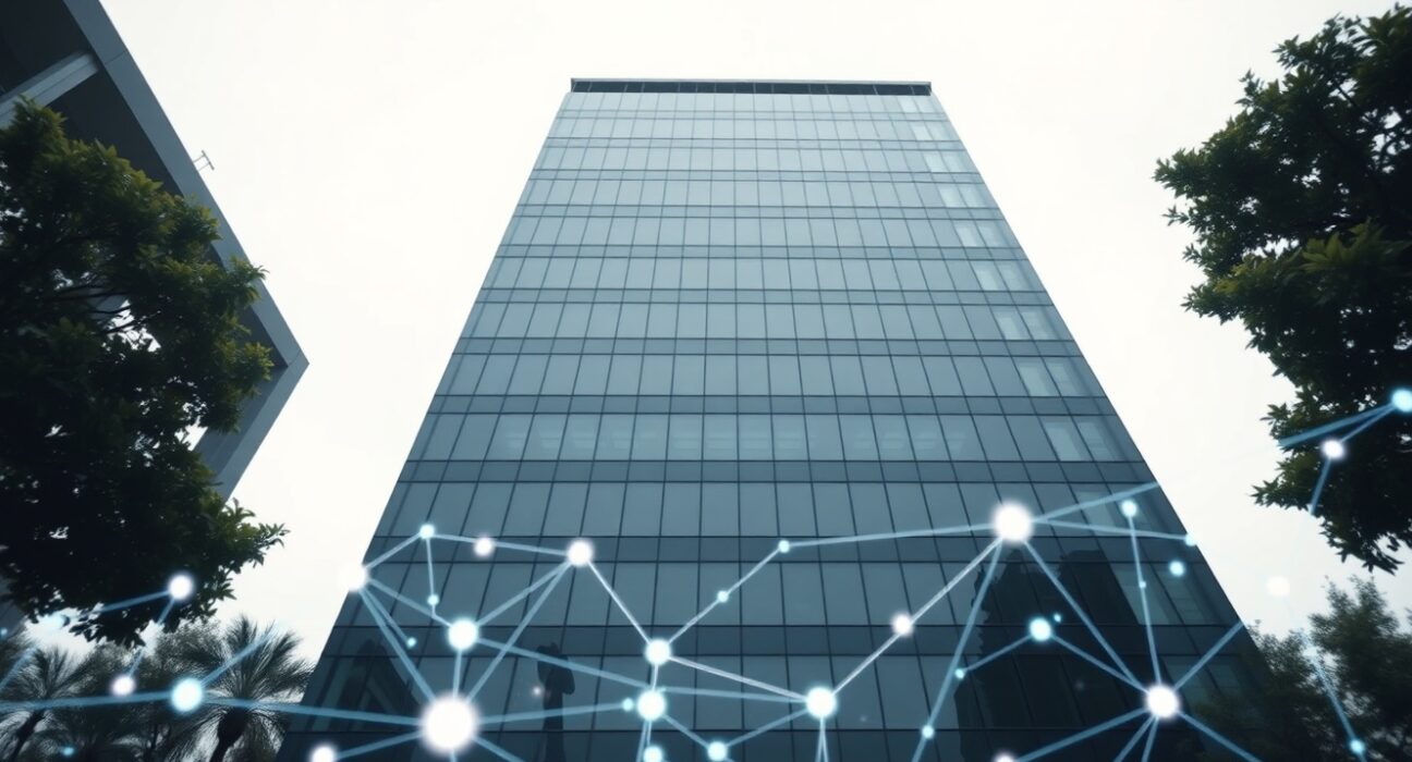 Modern office building in Silicon Valley representing venture capital firm a16z with digital blockchain overlay