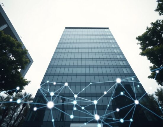 Modern office building in Silicon Valley representing venture capital firm a16z with digital blockchain overlay