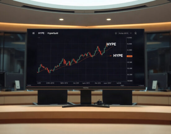 Digital trading screen showing HYPE token price chart with upward trend
