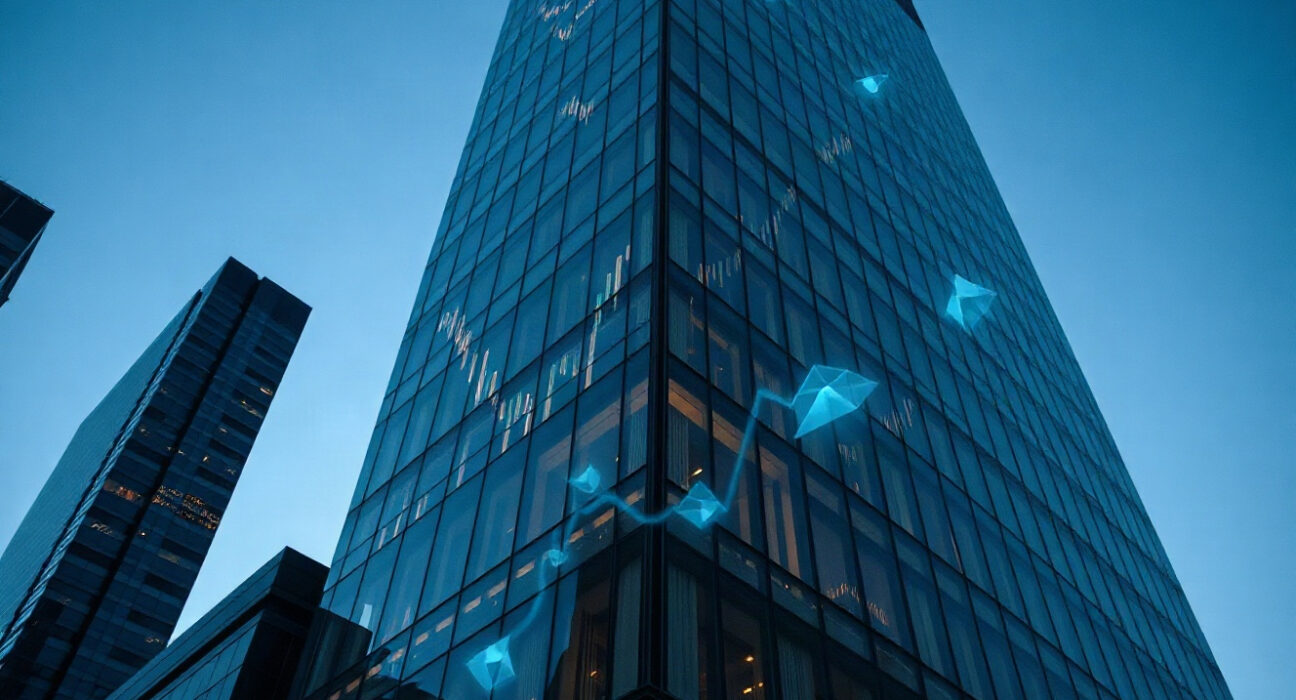 Corporate building with digital blockchain overlays symbolizing institutional crypto investment