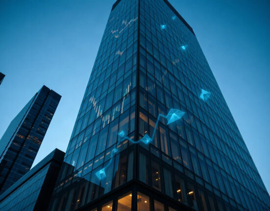 Corporate building with digital blockchain overlays symbolizing institutional crypto investment