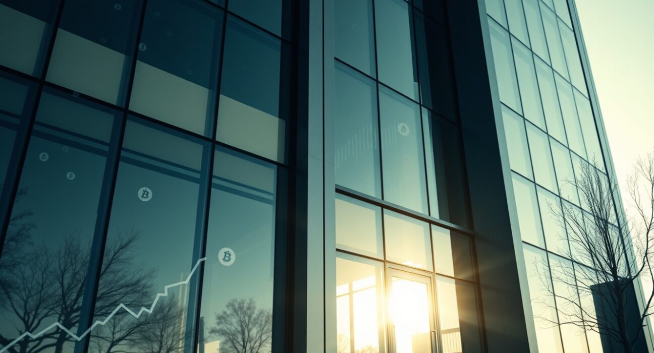 Modern Silicon Valley office building, representing venture capital firm a16z, with subtle digital crypto symbols.