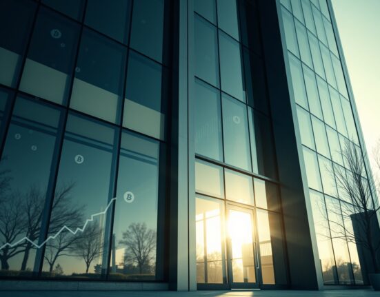 Modern Silicon Valley office building, representing venture capital firm a16z, with subtle digital crypto symbols.