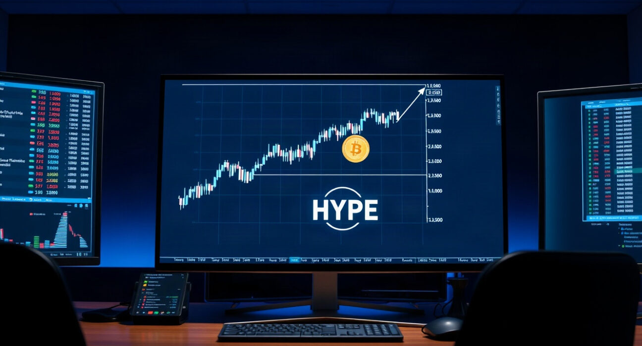 Trading desk with HYPE token charts showing upward trend