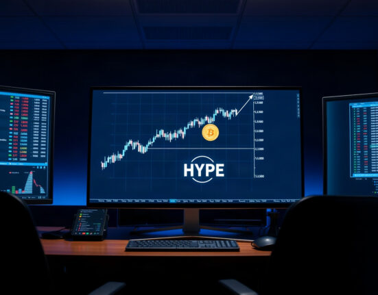 Trading desk with HYPE token charts showing upward trend
