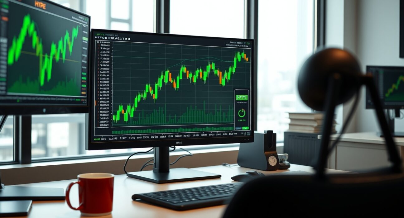 Trading desk with cryptocurrency monitors showing HYPE token charts