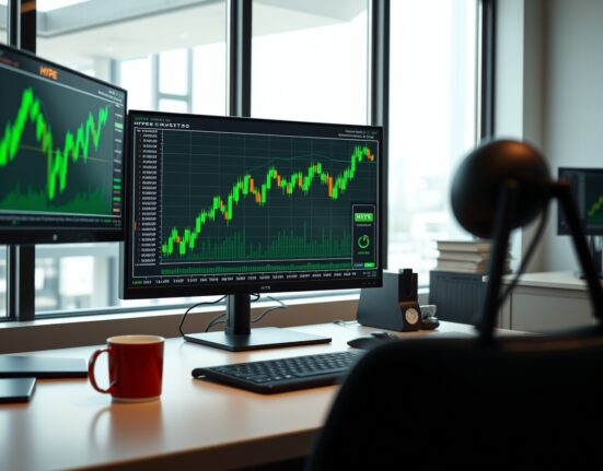 Trading desk with cryptocurrency monitors showing HYPE token charts