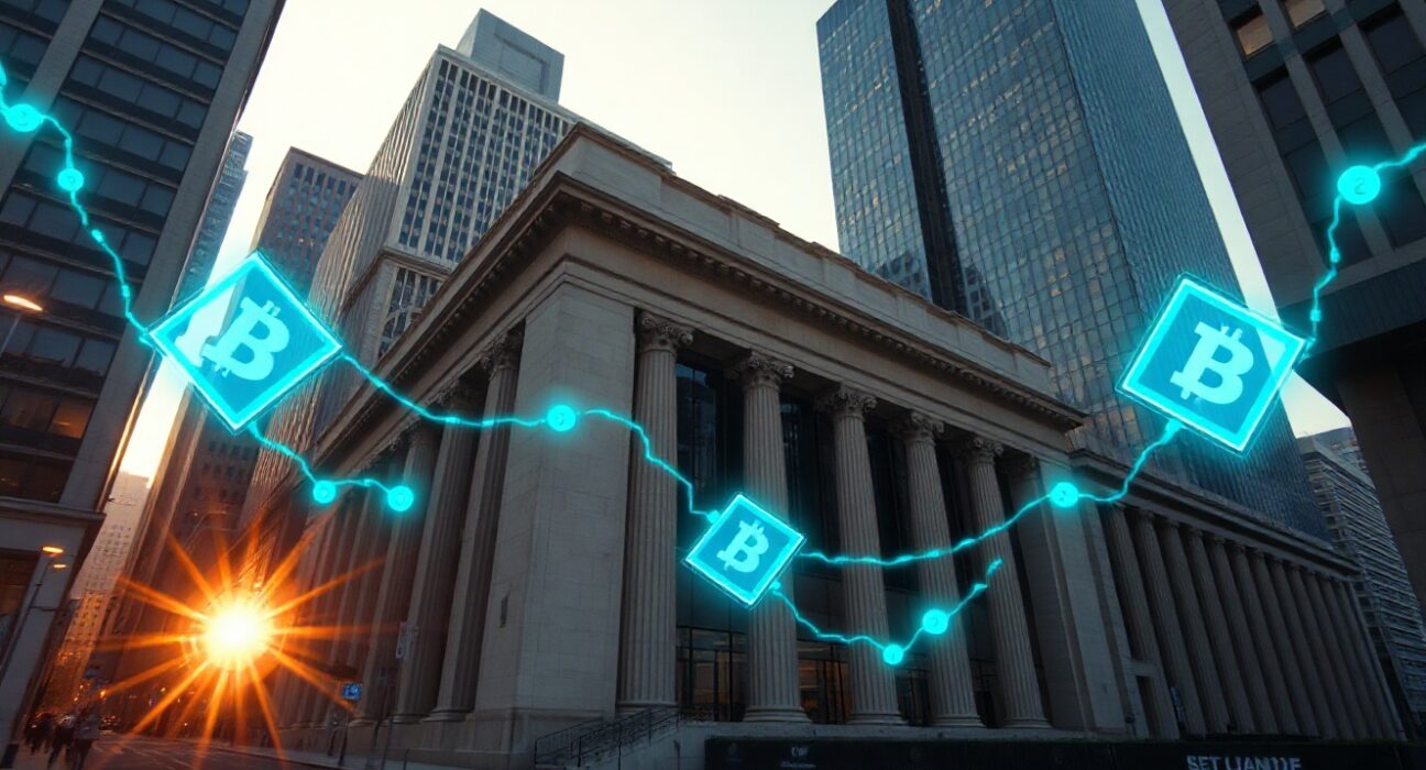 Financial institution building with digital blockchain overlay representing institutional on-chain investment privacy challenges.