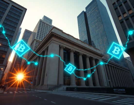 Financial institution building with digital blockchain overlay representing institutional on-chain investment privacy challenges.