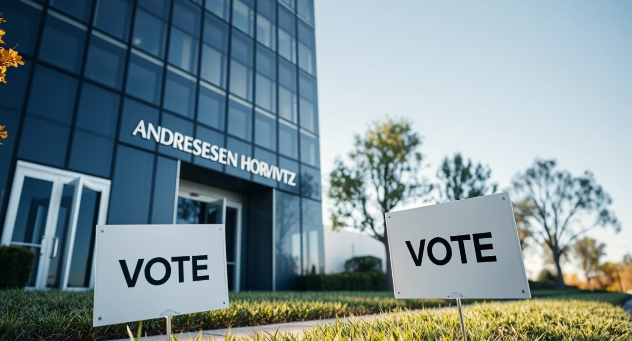 Exterior of Andreessen Horowitz office building in Silicon Valley with a campaign yard sign in foreground