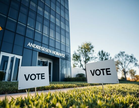 Exterior of Andreessen Horowitz office building in Silicon Valley with a campaign yard sign in foreground