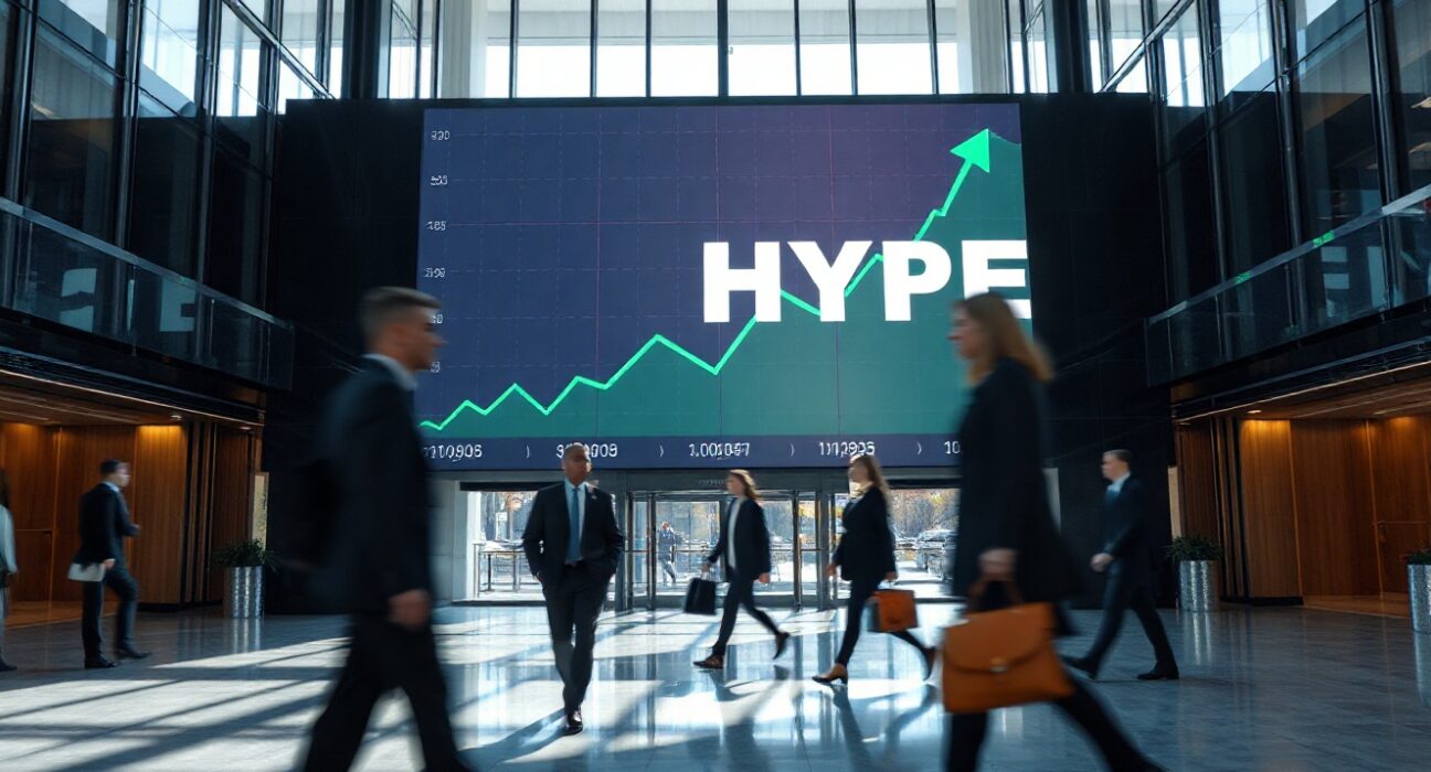 Digital display showing HYPE cryptocurrency price chart in a modern office lobby