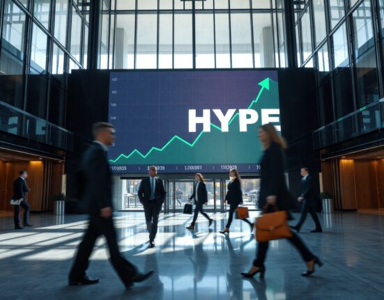 Digital display showing HYPE cryptocurrency price chart in a modern office lobby