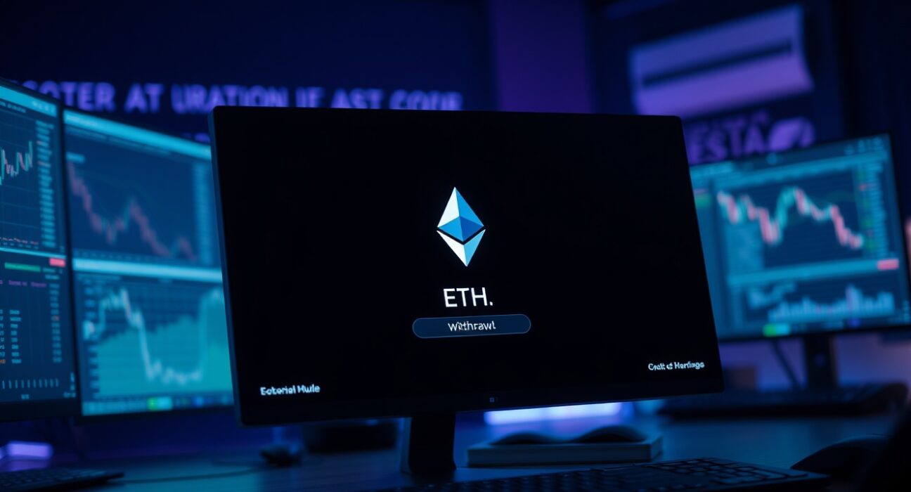 Digital wallet interface showing a large Ethereum withdrawal from Binance, with glowing ETH logo and dark professional trading desk background.