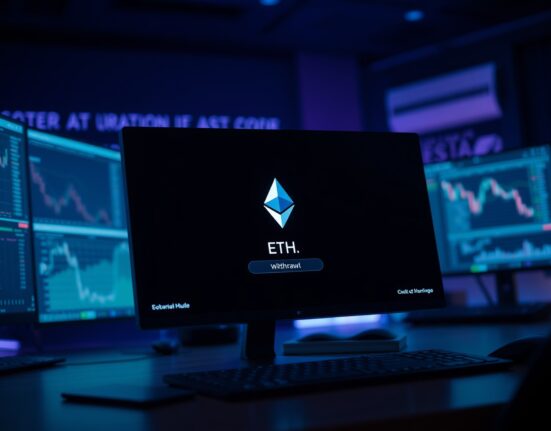 Digital wallet interface showing a large Ethereum withdrawal from Binance, with glowing ETH logo and dark professional trading desk background.